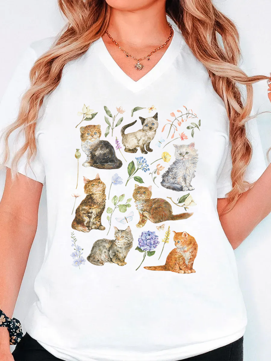 Vintage Cottagecore Cats V-Neck Tee
