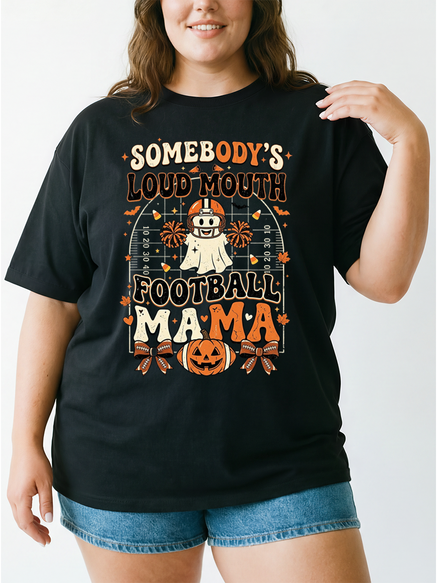 Vintage Cute Halloween Football Mama Oversize Graphic Tee