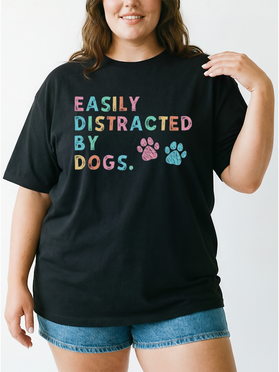 Vintage Easily Distracted By Dogs For Mom Oversize Graphic Tee