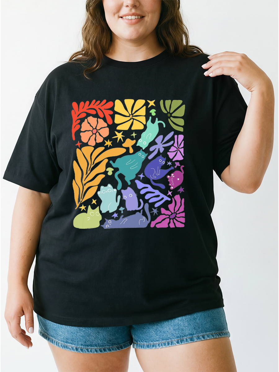 Vintage Floral Rainbow Cats Oversize Graphic Tee