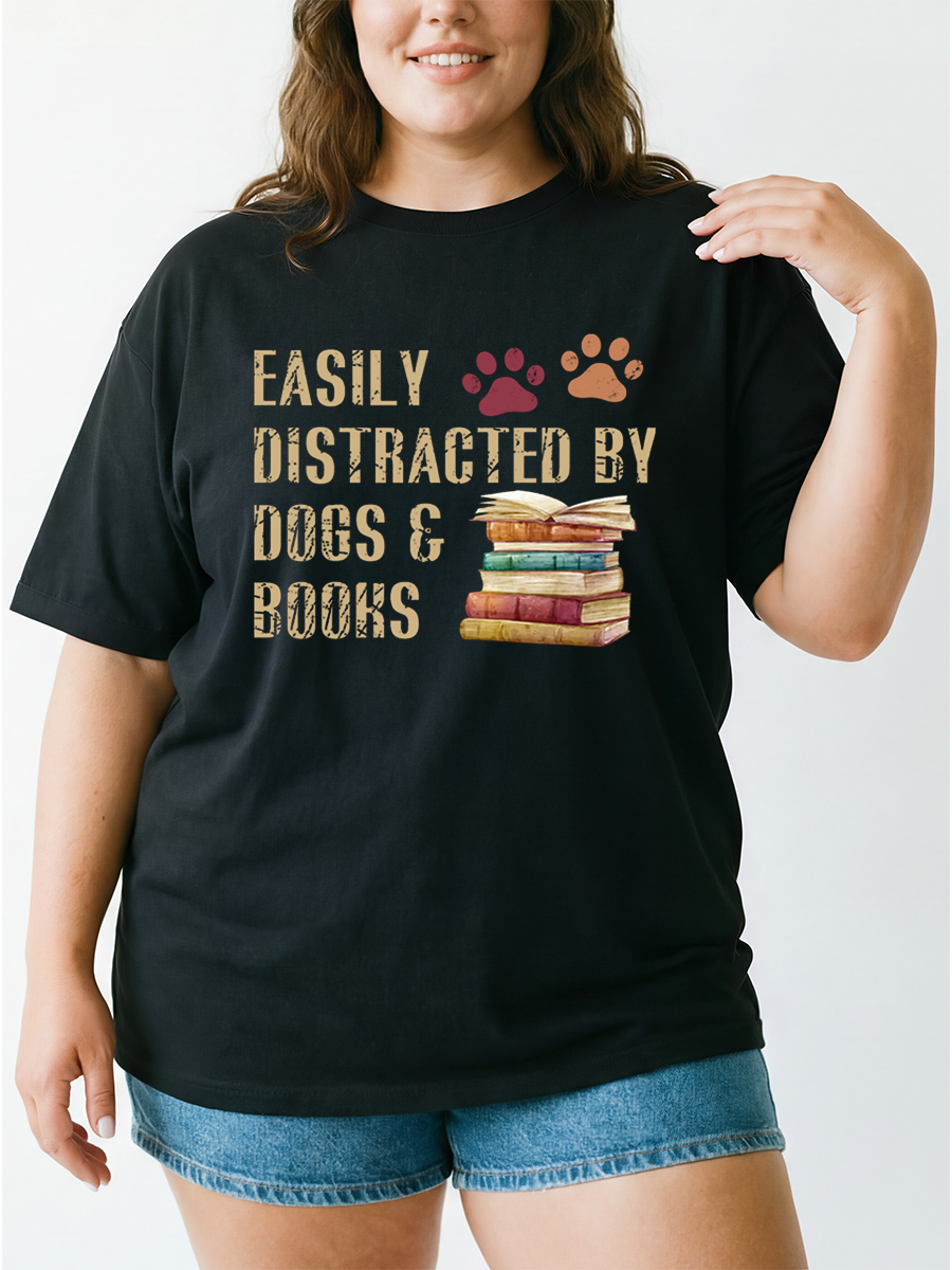 Vintage Easily Distracted By Dogs And Books Oversize Graphic Tee