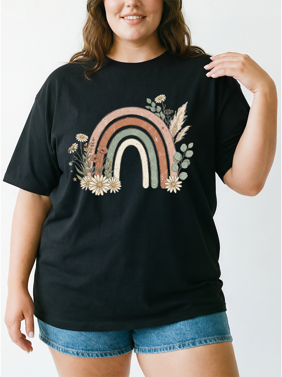 Vintage Boho Botanical Rainbow Oversize Graphic Tee