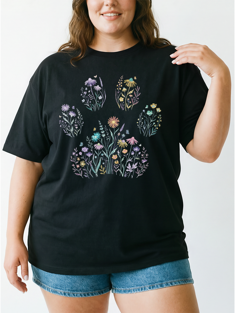 Vintage Floral Paw Print Oversize Graphic Tee