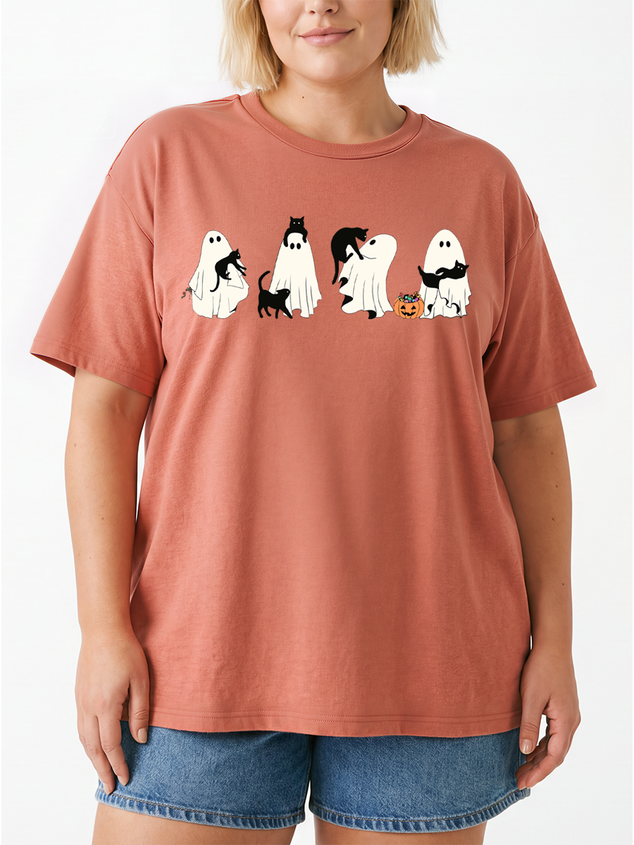 Vintage  Halloween Ghost And Cat Oversize Graphic Tee