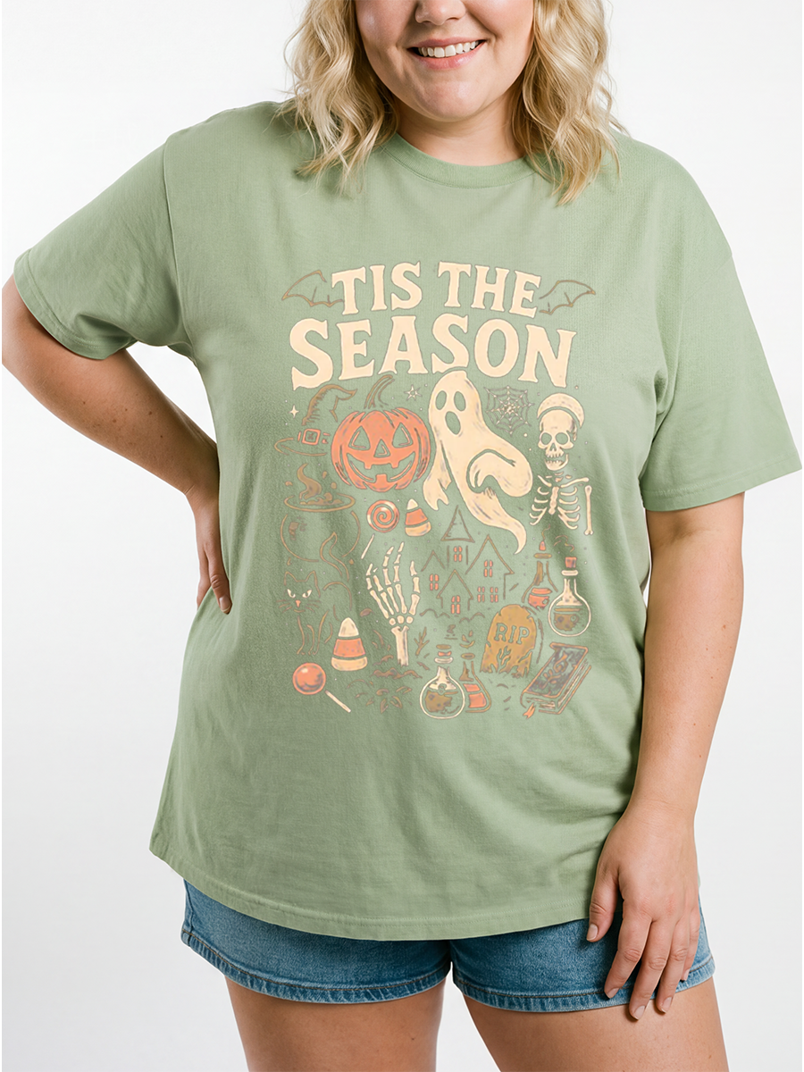Vintage Tis The Season Skeleton Pumpkin Ghost Halloween Oversize Graphic Tee