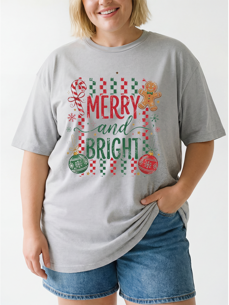 Vintage Striped Merry And Bright Oversize Graphic Tee