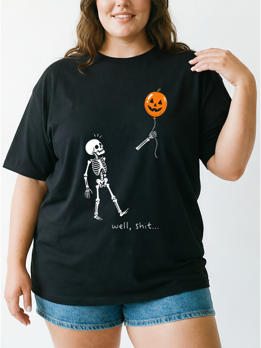 Vintage Funny Pumpkin Balloon Well Shit Skeleton Oversize Graphic Tee