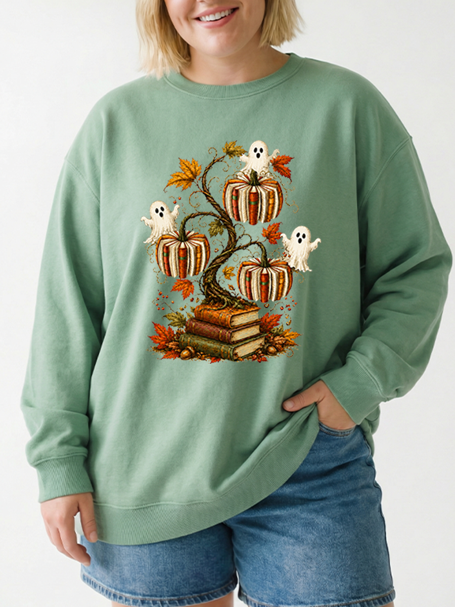 Vintage Ghost Reading Book Pumpkin Tree Graphic Sweatshirt