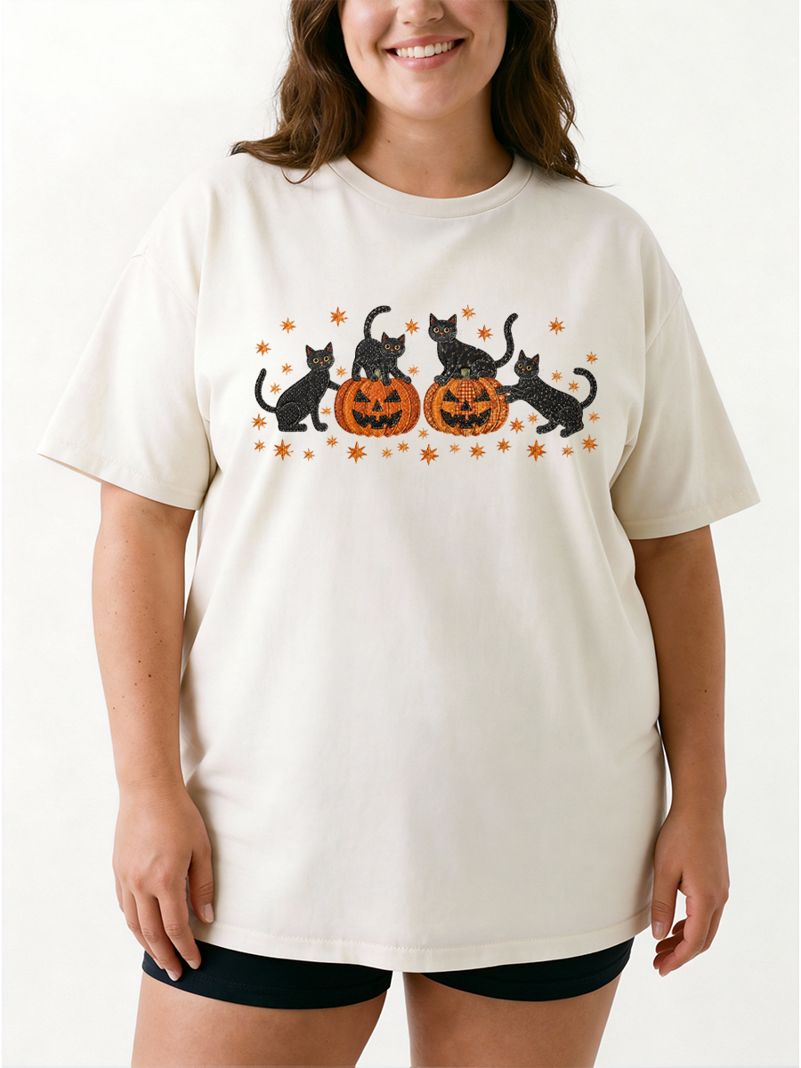 Vintage Halloween Cat Pumpkin Oversize Graphic Tee