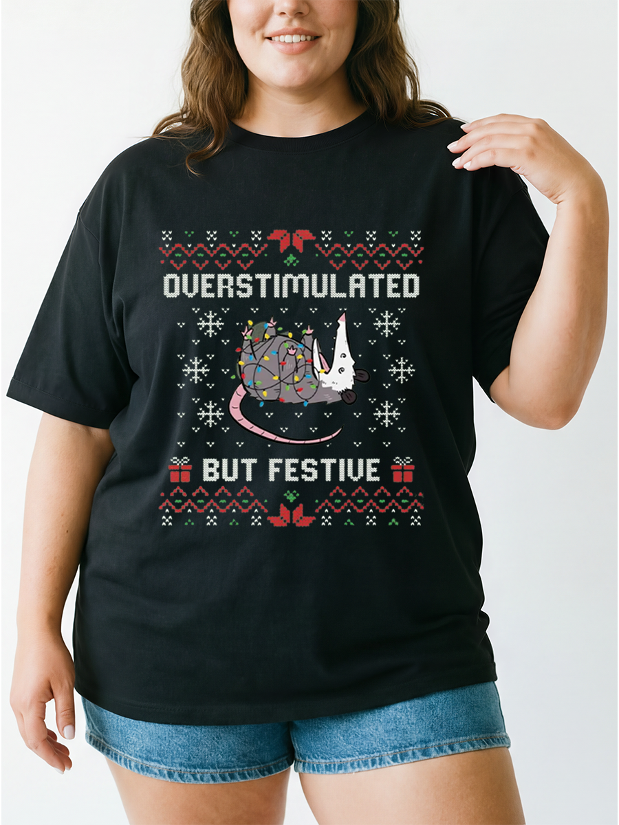 Vintage Overstimulated But Festive Possum Christmas Oversize Graphic Tee