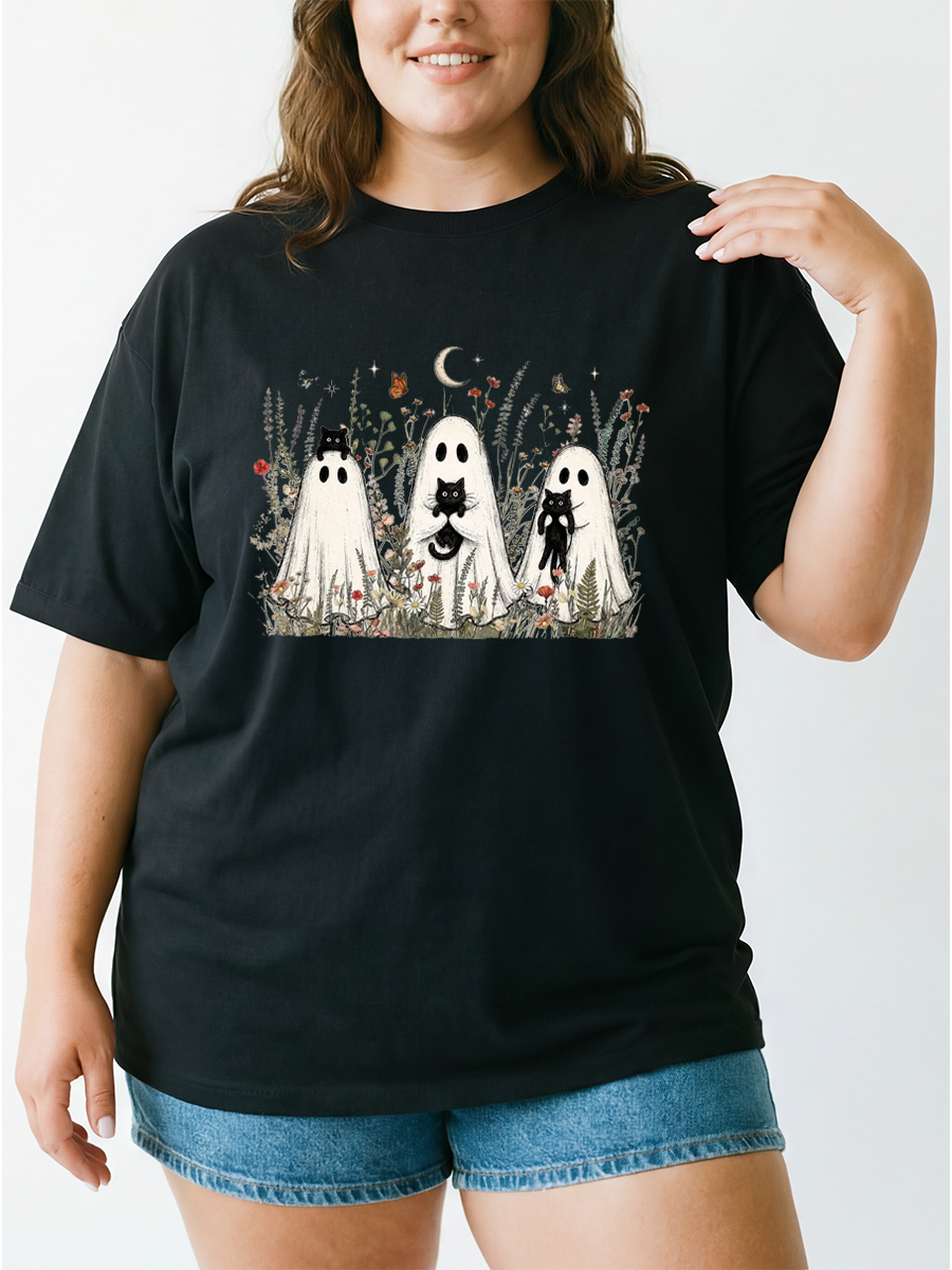 Vintage Funny Halloween Whimsical Wildflower Ghost Black Cat Oversize Graphic Tee