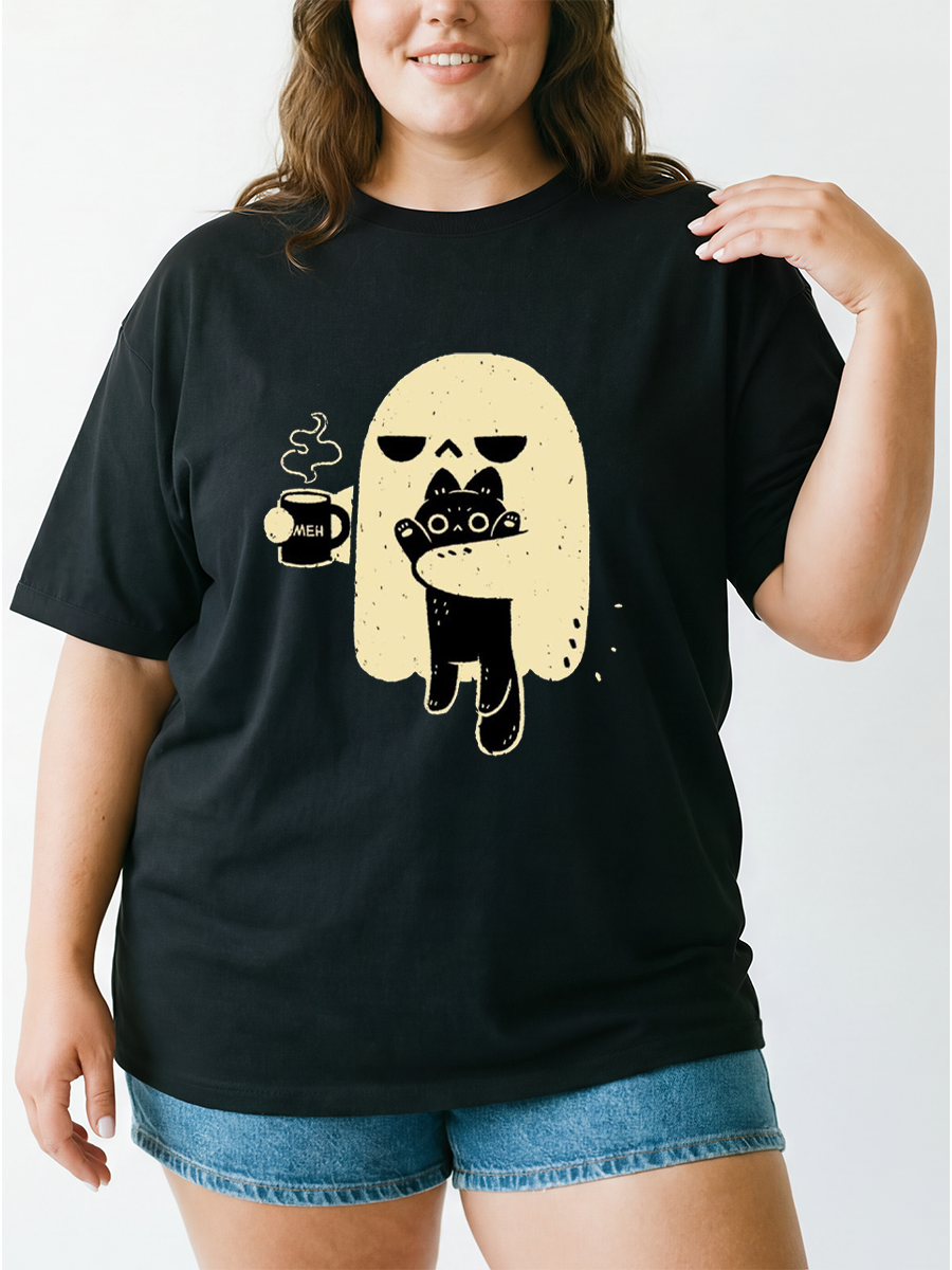 Vintage Cute Ghost And Black Cat Oversize Graphic Tee