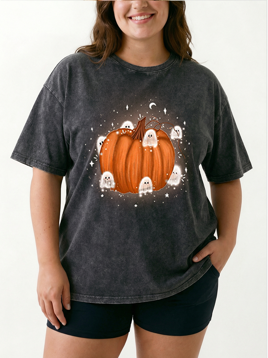 Vintage Cute Ghosts And Pumpkin Washed T-Shirt