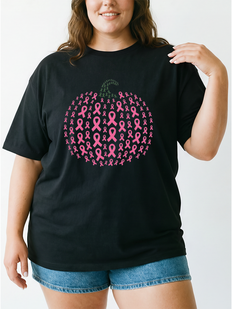 Vintage Pink Ribbon Pumpkin Breast Cancer Awareness Oversize Graphic Tee