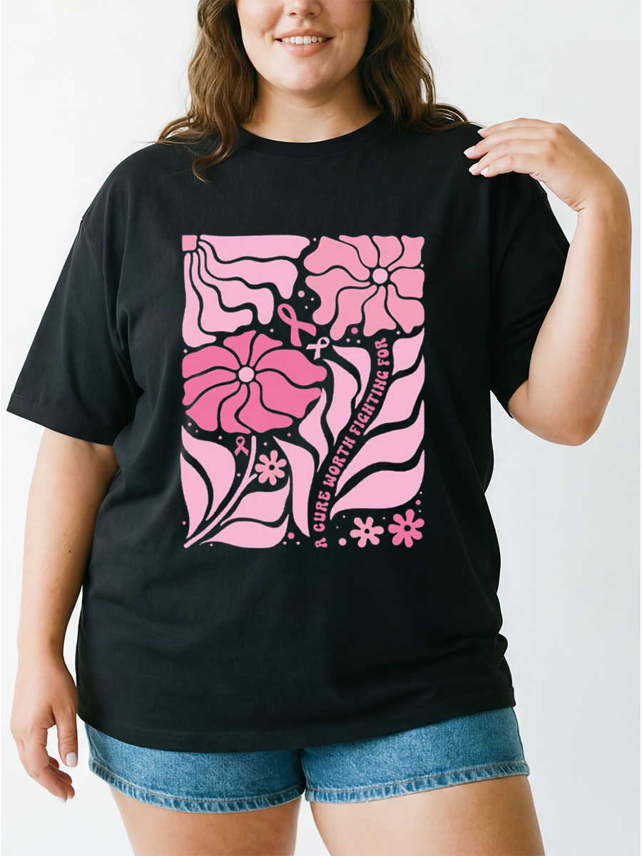 Vintage Boho Floral Breast Cancer Awareness Oversize Graphic Tee