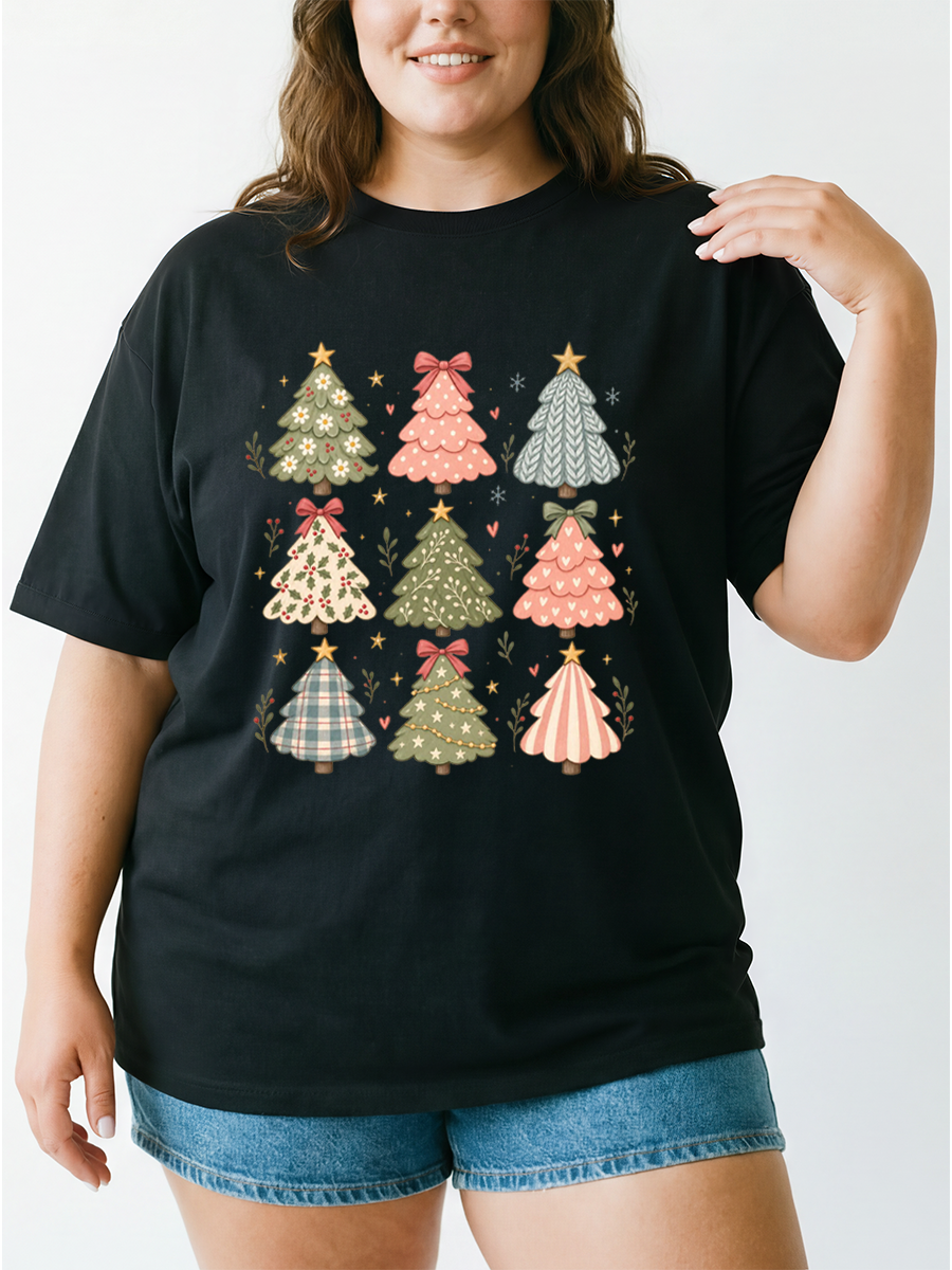 Vintage Boho Whimsical Christmas Trees Oversize Graphic Tee