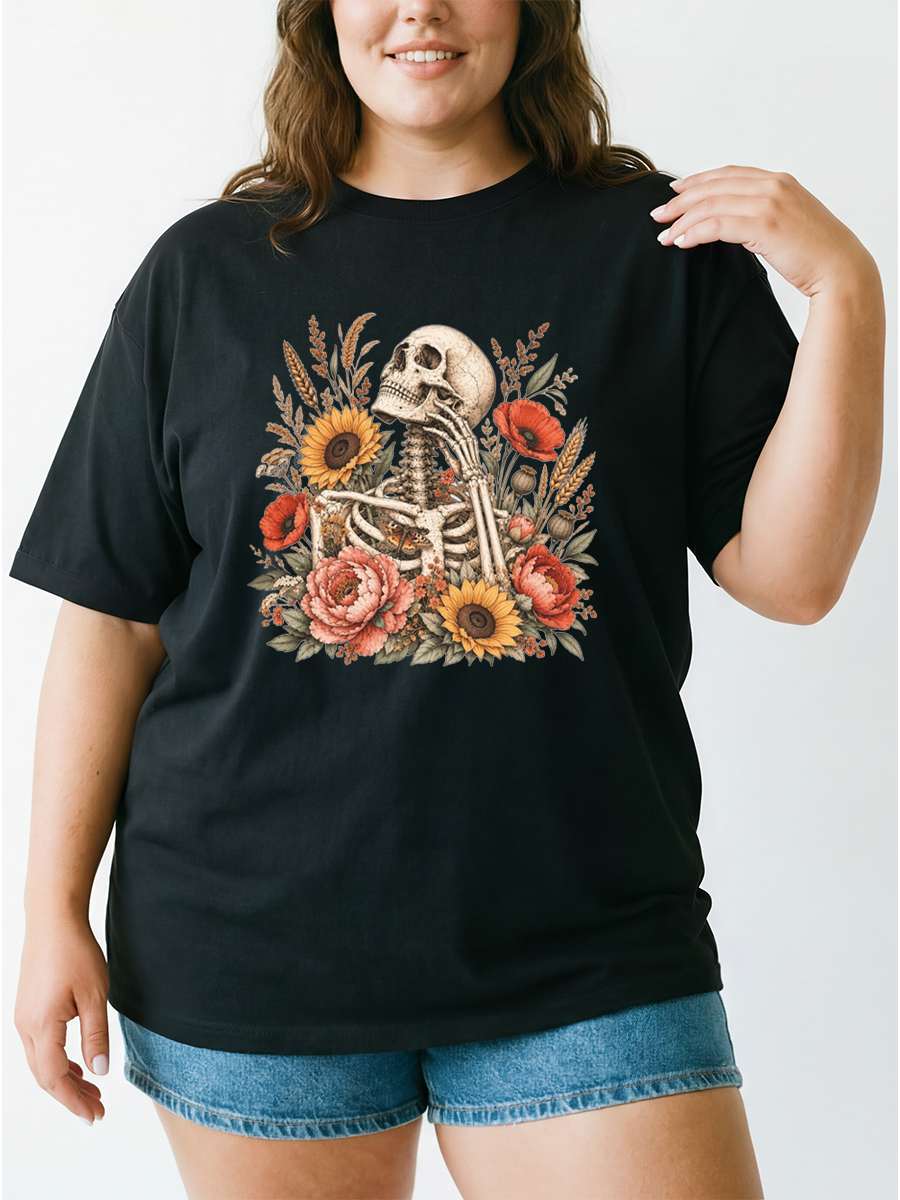 Vintage Gothic Flower Skeleton Oversize Graphic Tee