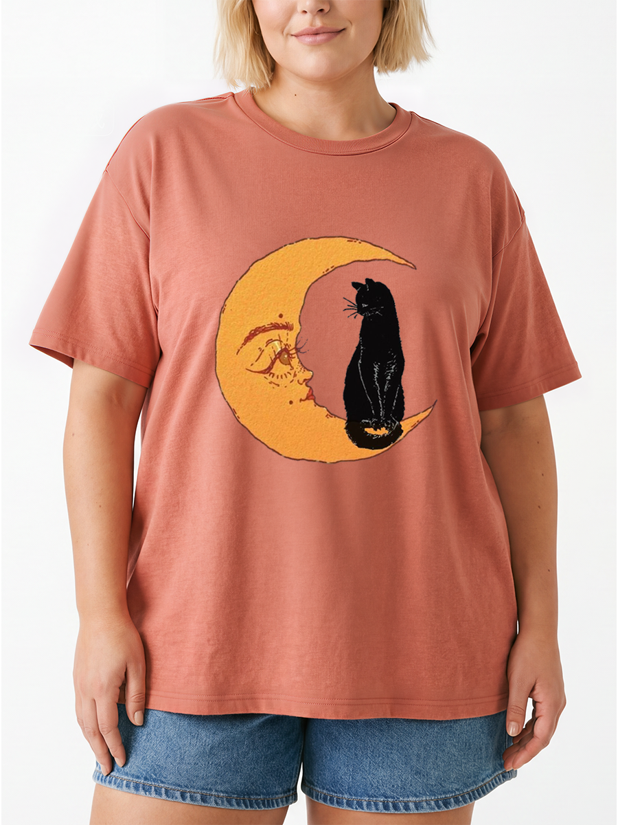Vintage Moon And Black Cat Oversize Graphic Tee