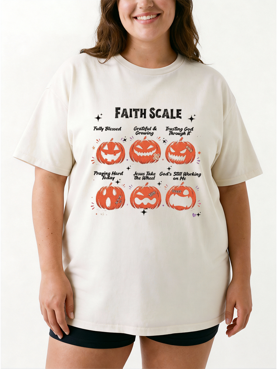 Vintage Funny Faith Scale Pumpkin Oversize Graphic Tee