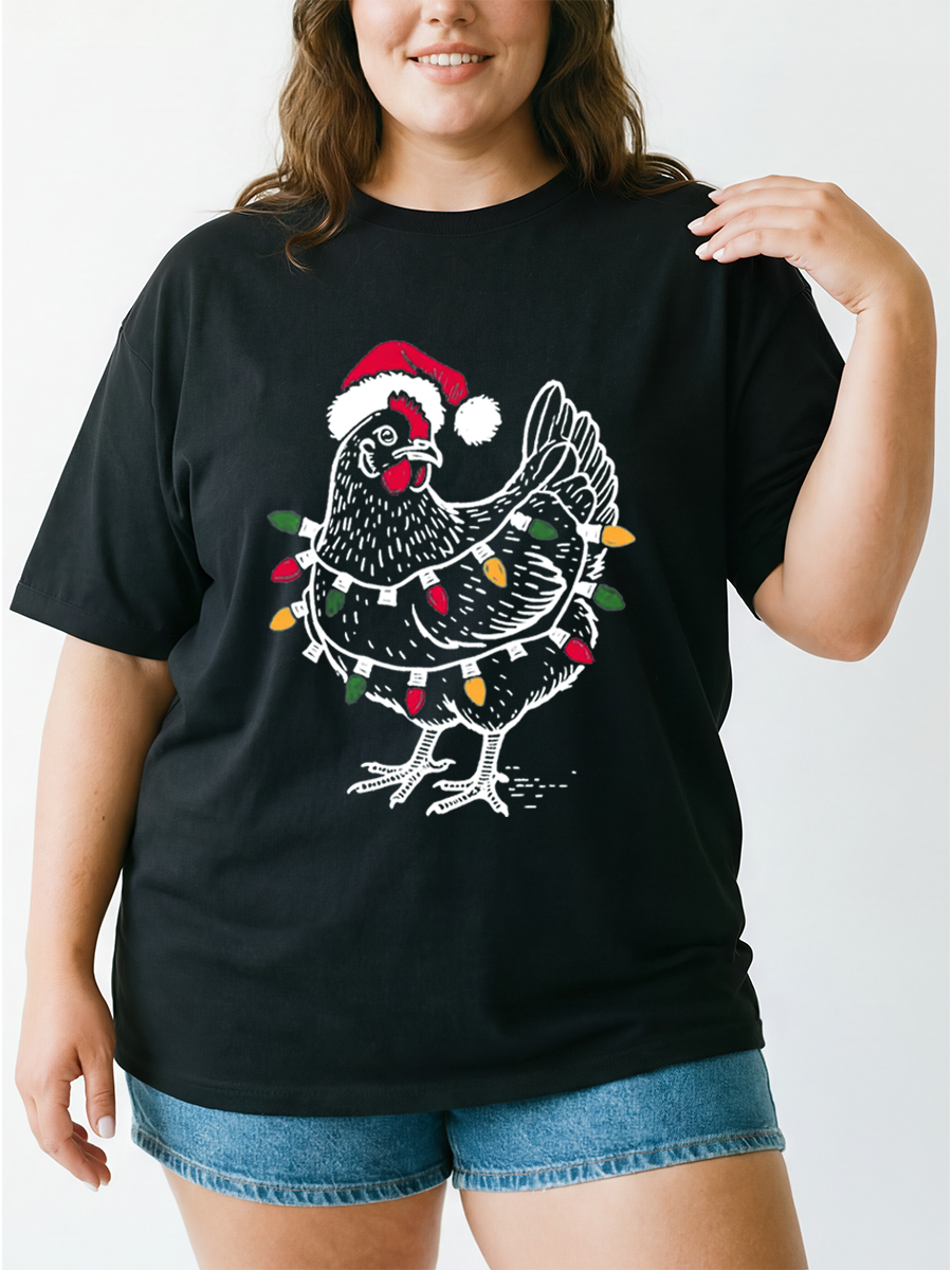 Vintage Farm Holiday Christmas Chicken Oversize Graphic Tee