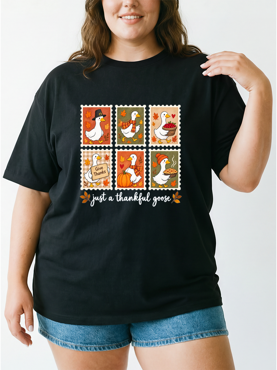 Vintage Thankful Goose With Cute Fall Stamp Design Oversize Graphic Tee
