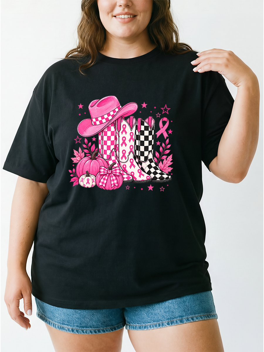 Vintage Cowboy Boots Fall Breast Cancer Pumpkin Oversize Graphic Tee