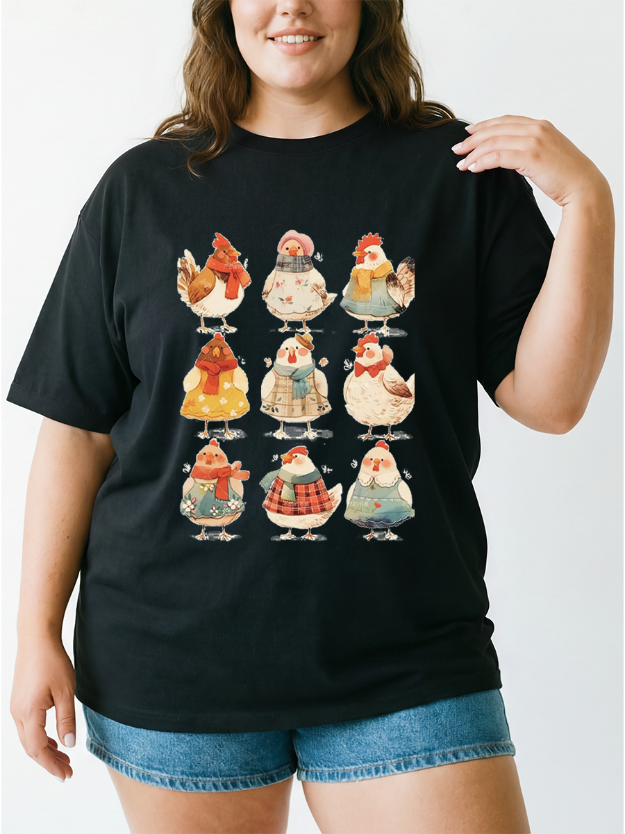 Vintage Autumn Cute Chicken Oversize Graphic Tee