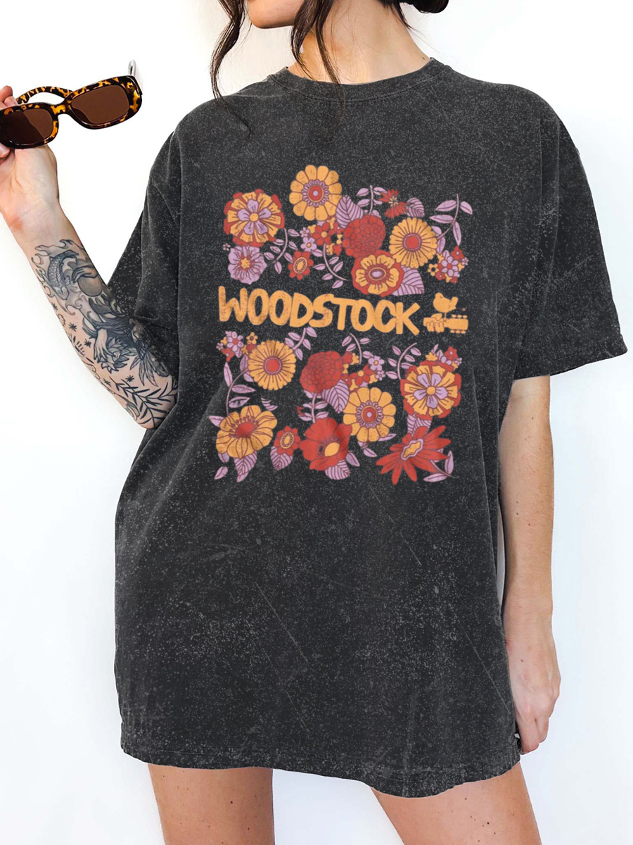 Vintage Music And Flower Floral Washed T-Shirt