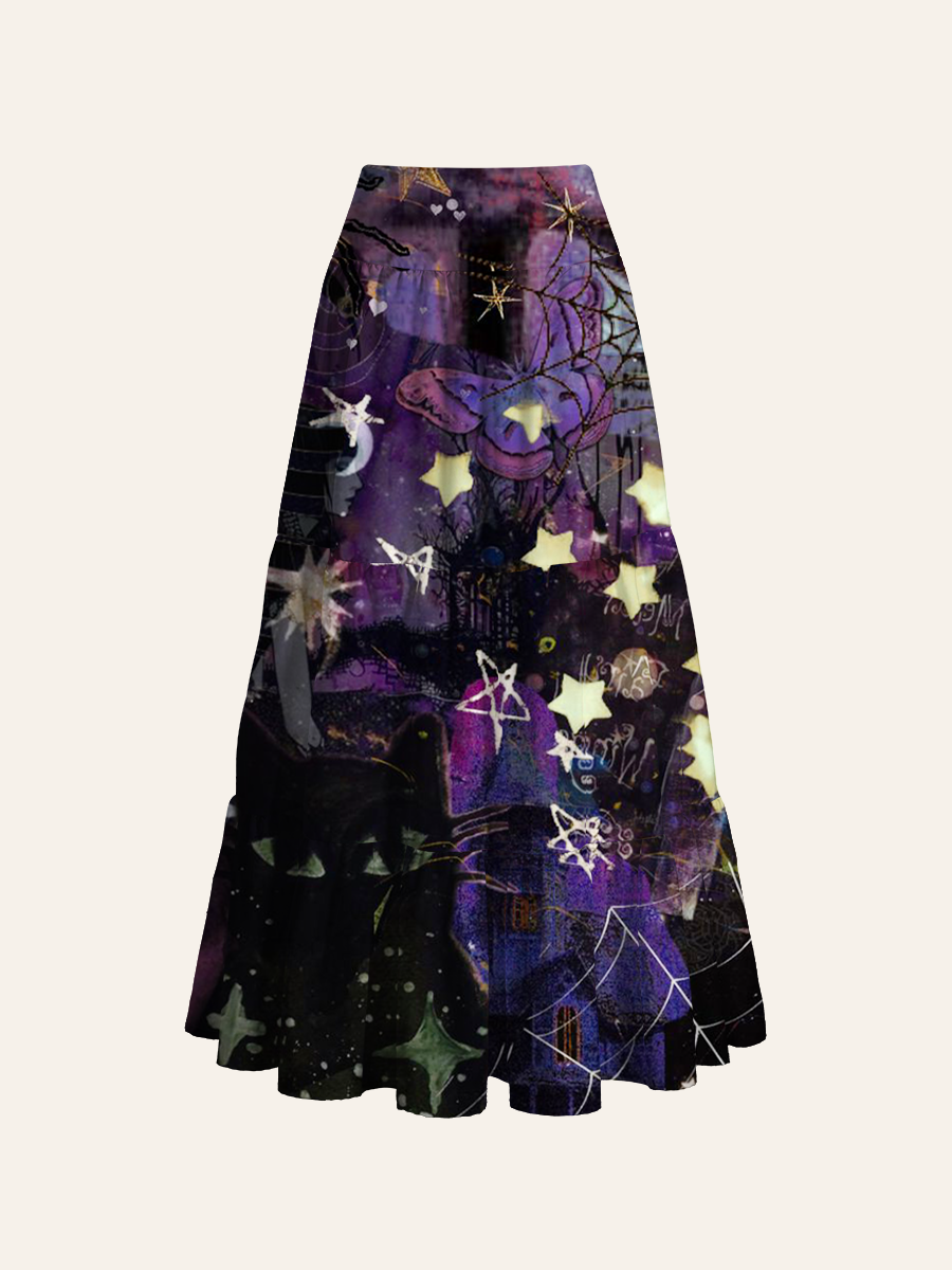 Gothic Witchy Black Cat Celestial Collage Convertible Maxi Skirts