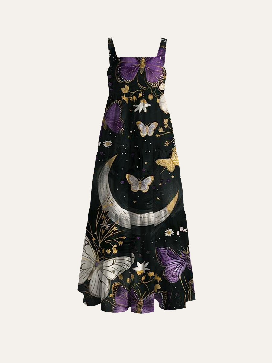 Midnight Moon & Butterflies Adjustable Wide Straps Maxi Dress