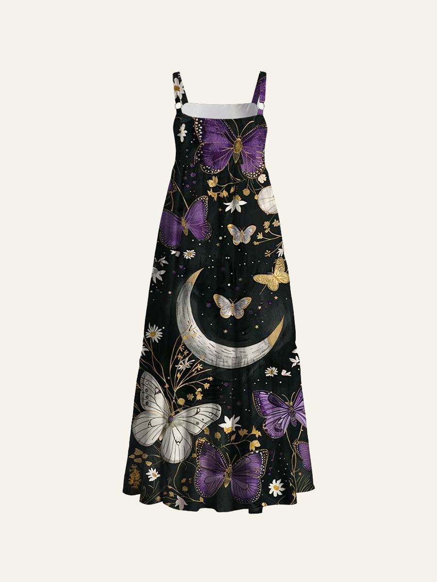 Midnight Moon & Butterflies Adjustable Wide Straps Maxi Dress