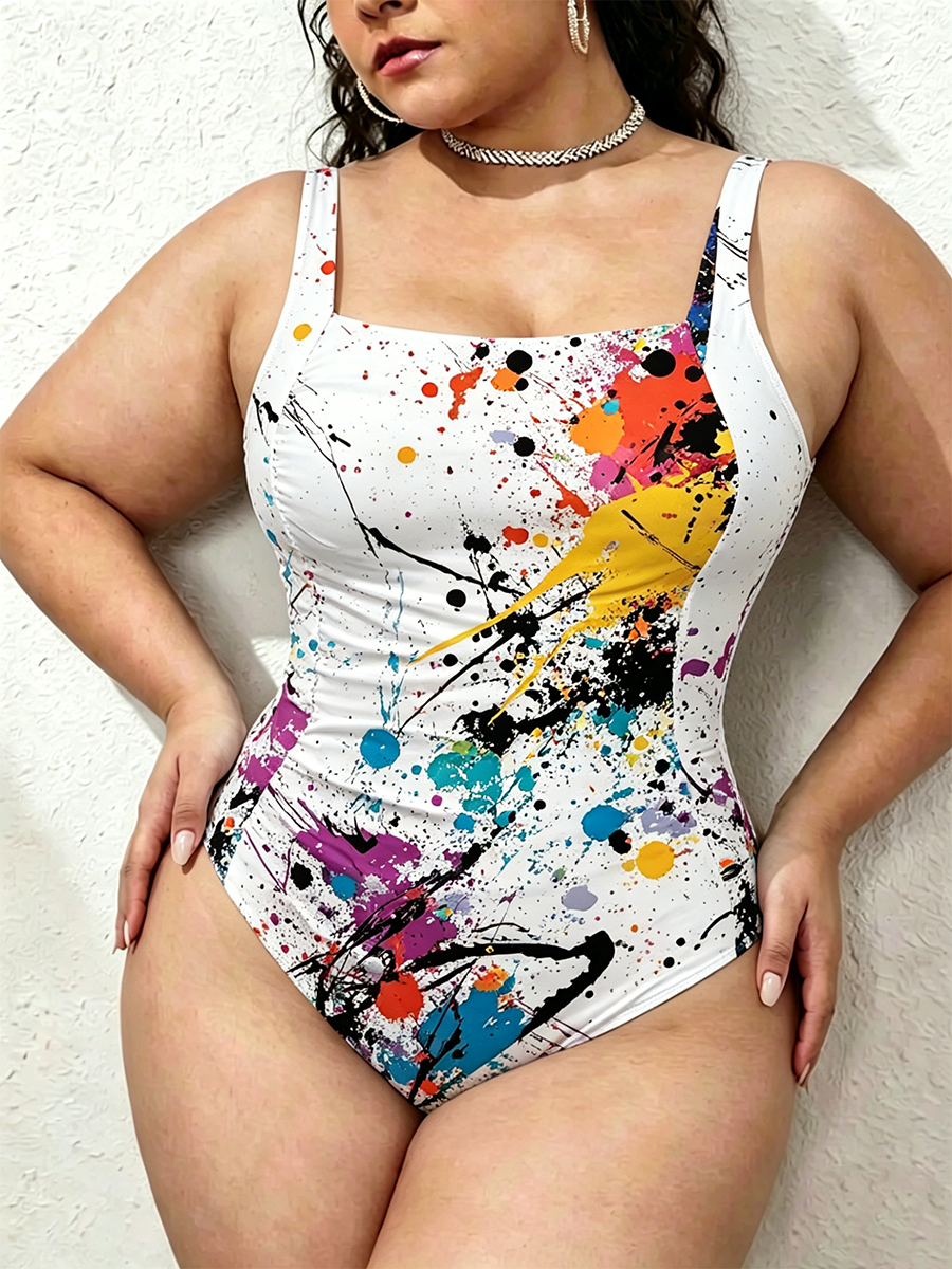 Vintage Vibrant Paint Splatter Gathered Swimsuit