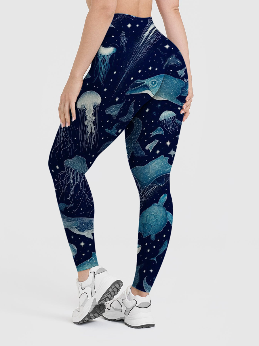 Vintage Celestial Ocean Creatures Line Art Dinosaur Leggings