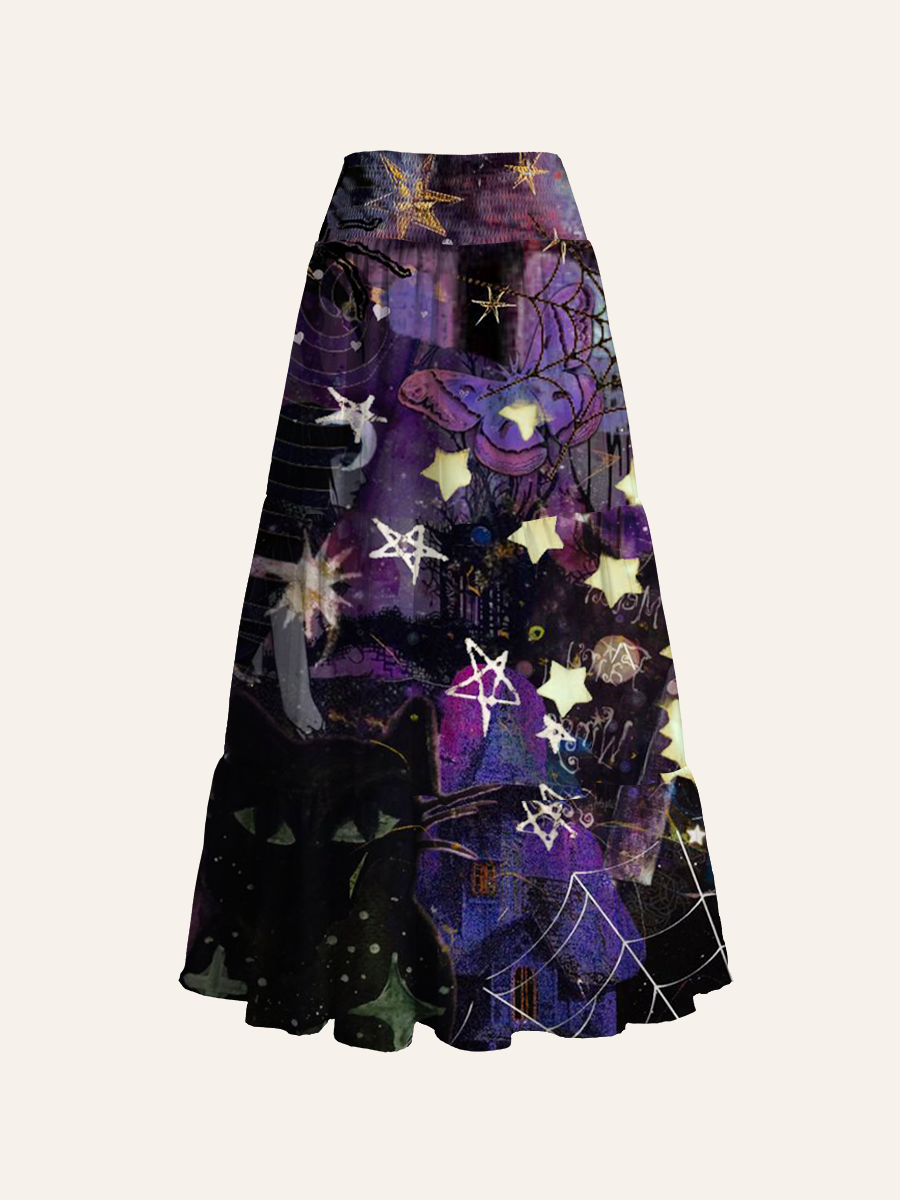 Gothic Witchy Black Cat Celestial Collage Convertible Maxi Skirts