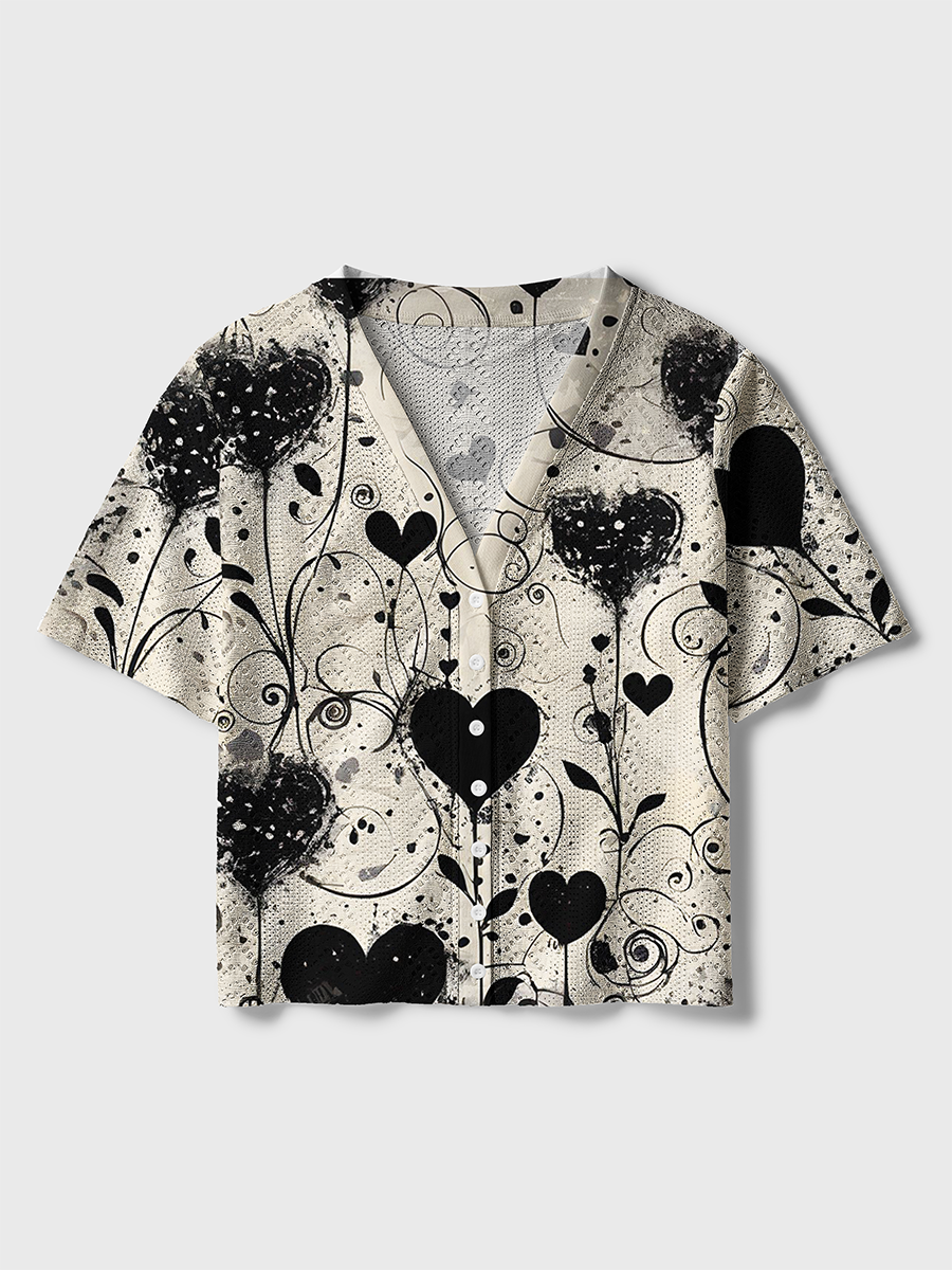 Black Ink Grunge Heart Vine Swirl Crochet Button Down Cardigan