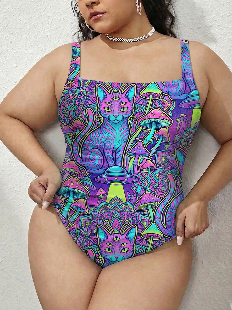 Vintage Psychedelic Alien Cat Illustration Gathered Swimsuit