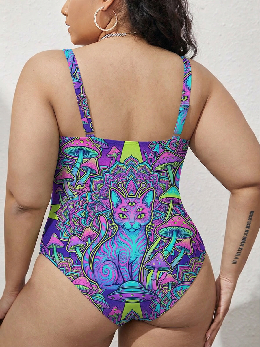 Vintage Psychedelic Alien Cat Illustration Gathered Swimsuit