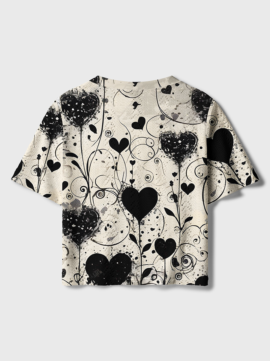Black Ink Grunge Heart Vine Swirl Crochet Button Down Cardigan