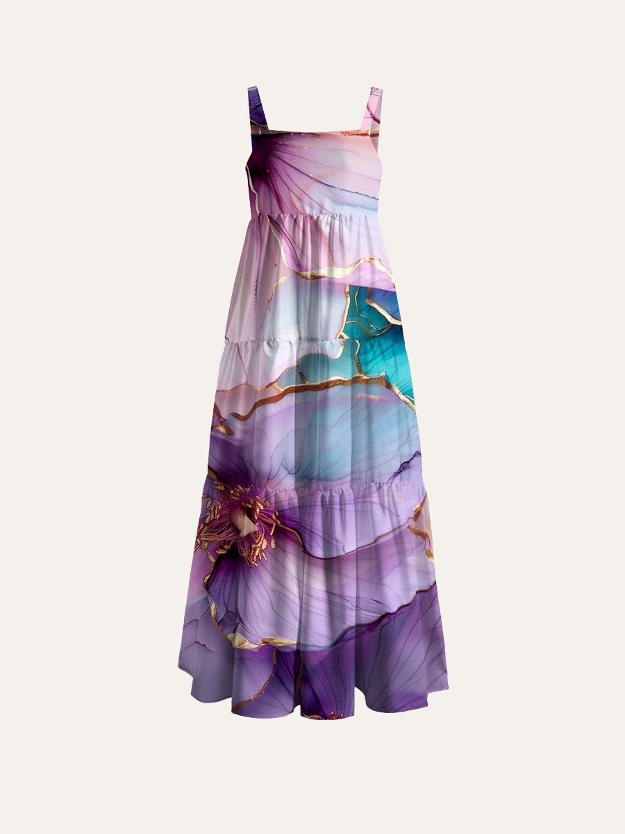 Gold Foil Edged Petals Adjustable Wide Straps Maxi Dress