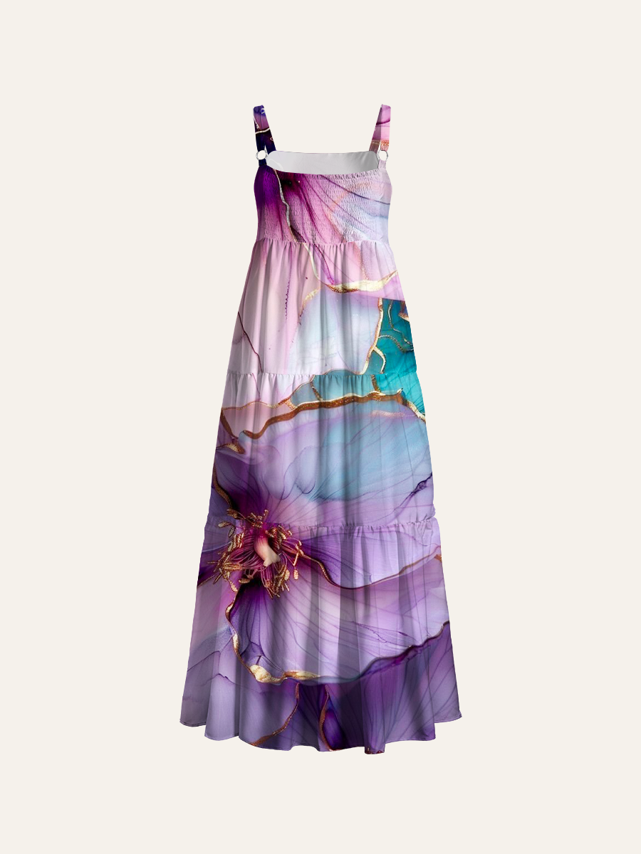 Gold Foil Edged Petals Adjustable Wide Straps Maxi Dress