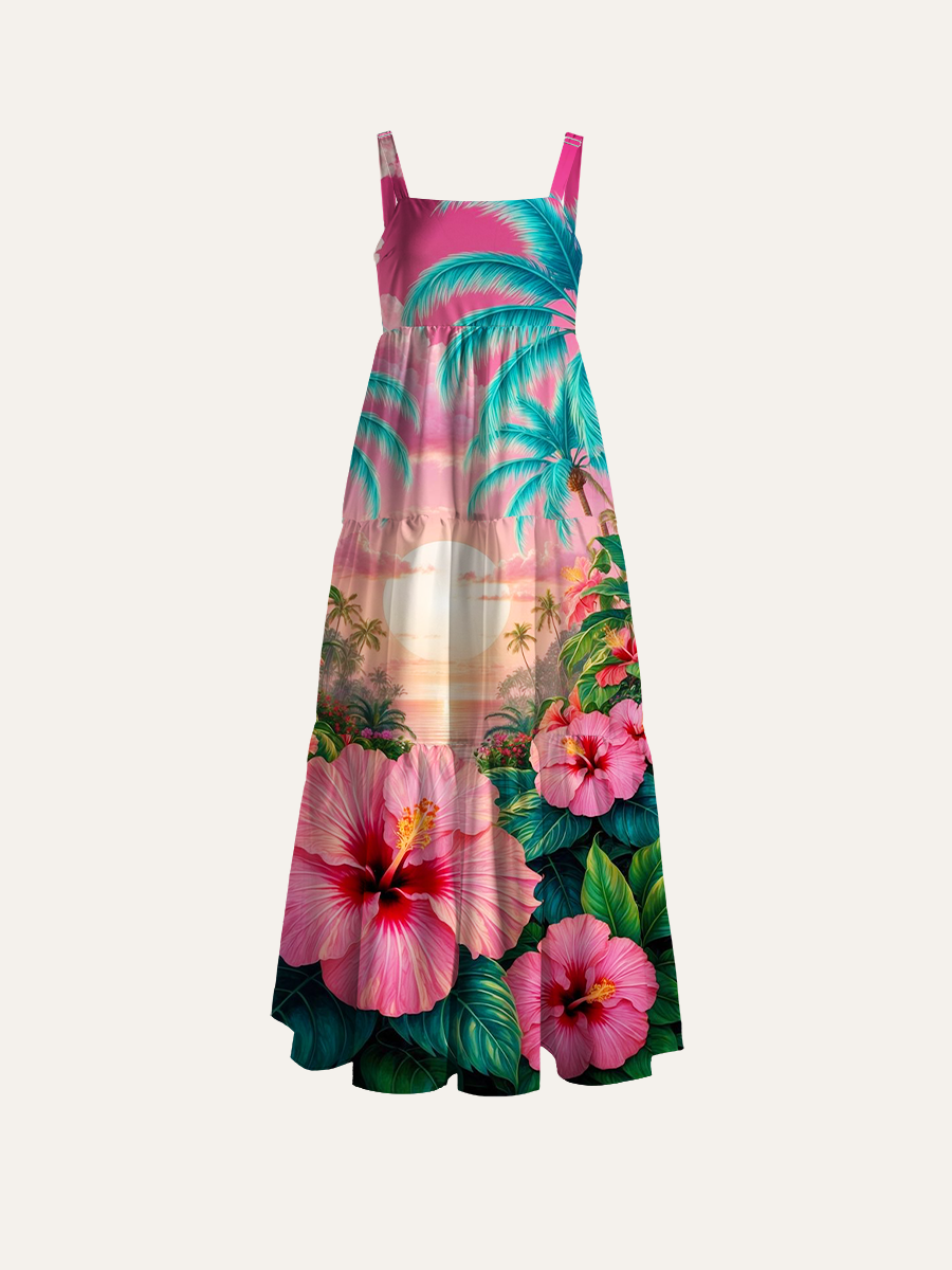 Pink Sunset Ocean Beach Scenery Ajustable Wide Straps Maxi Dress
