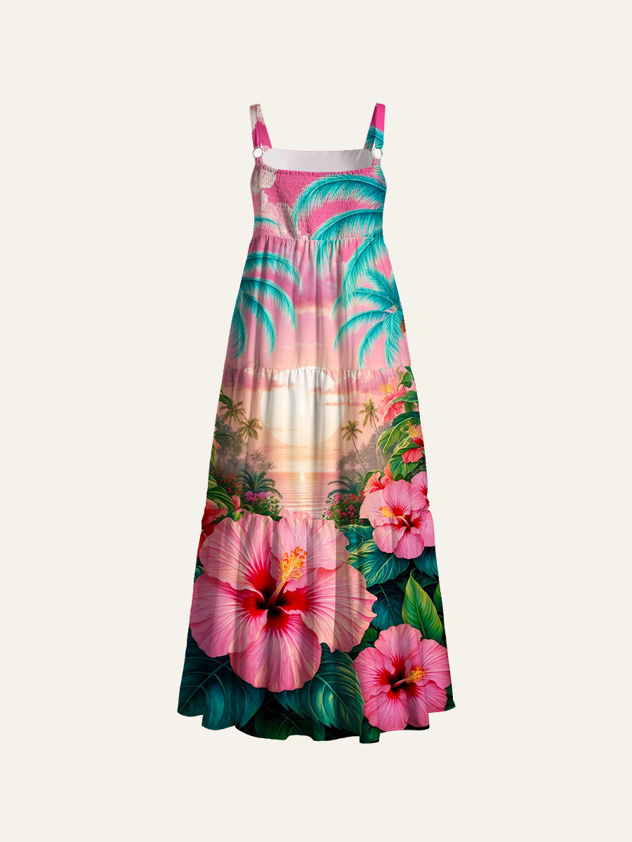 Pink Sunset Ocean Beach Scenery Ajustable Wide Straps Maxi Dress