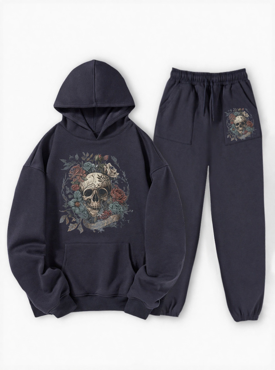 Vintage Rock N Roll Skull Roses Fleece Hoodie Suit