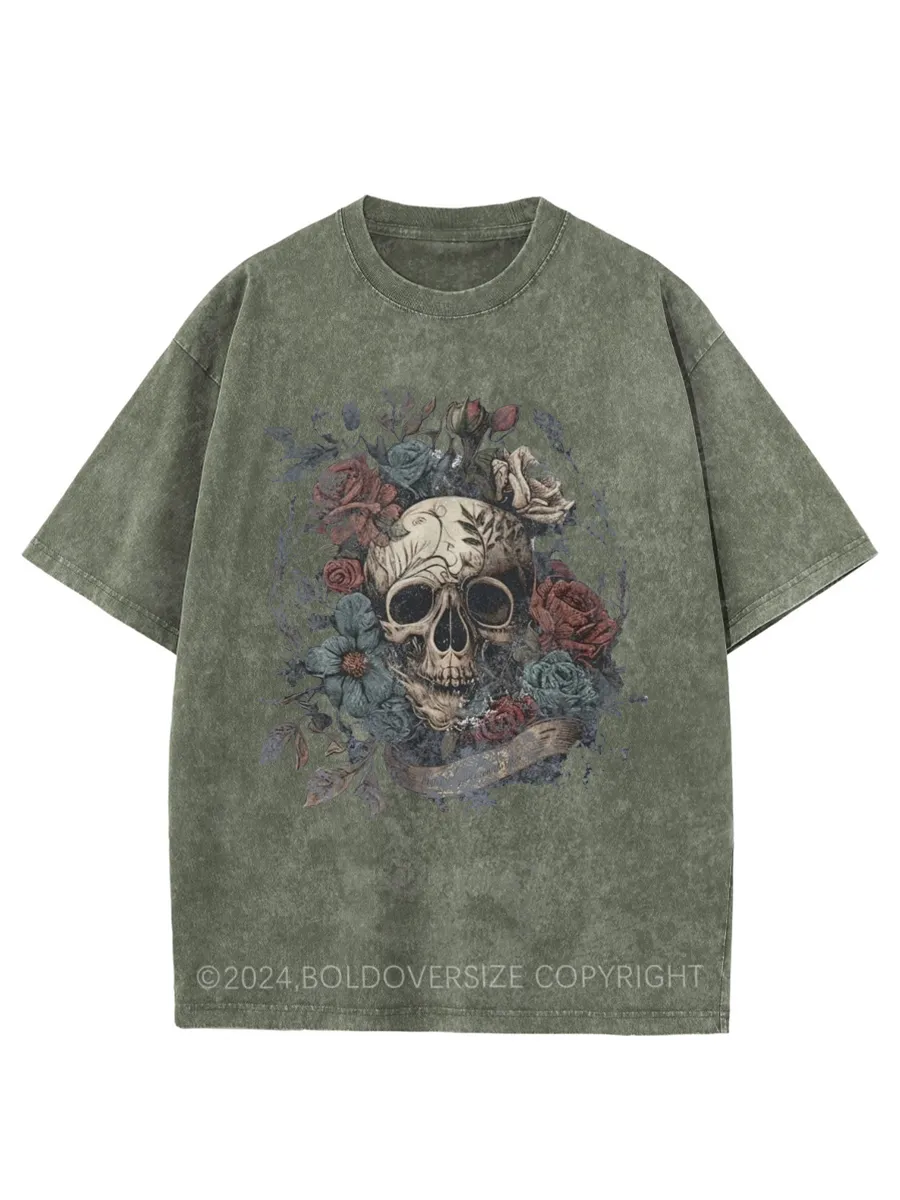Vintage Rock N Roll Skull Roses Washed T-Shirt
