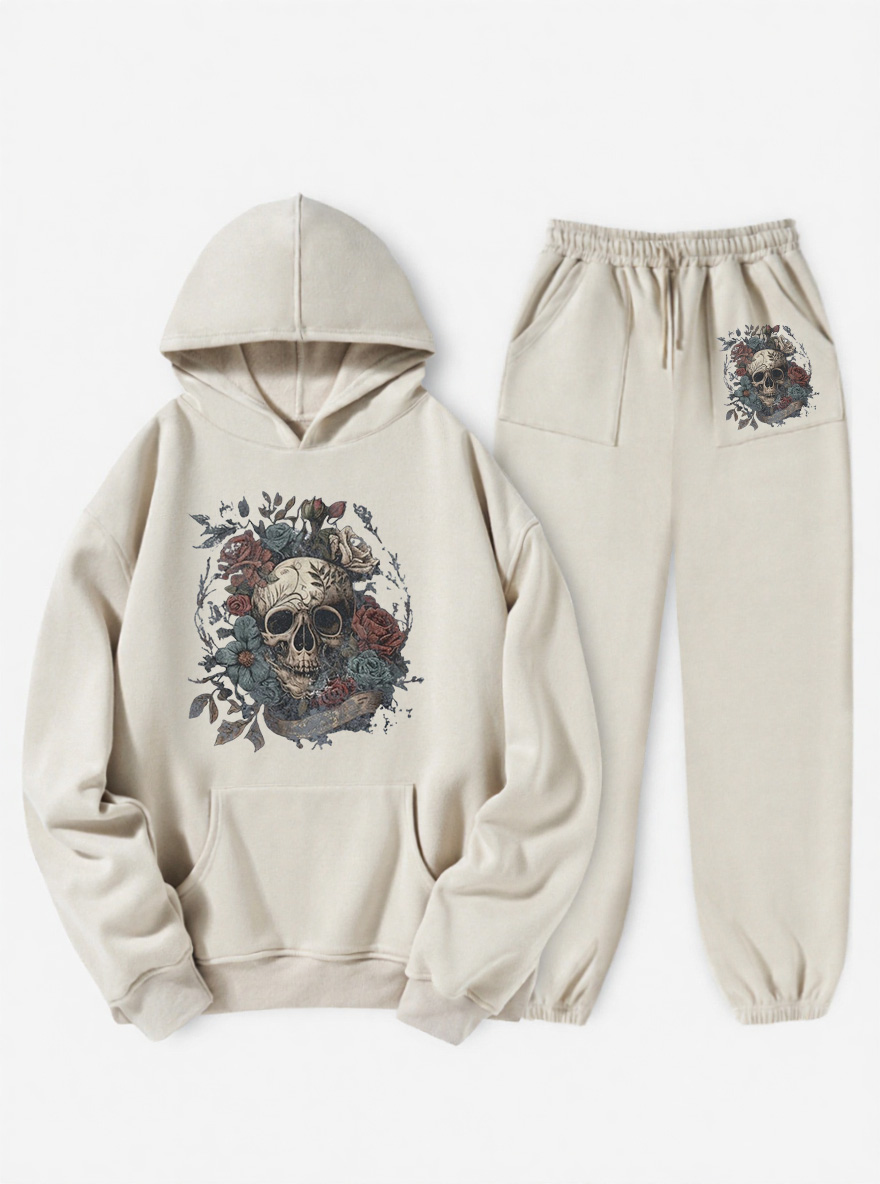 Vintage Rock N Roll Skull Roses Fleece Hoodie Suit
