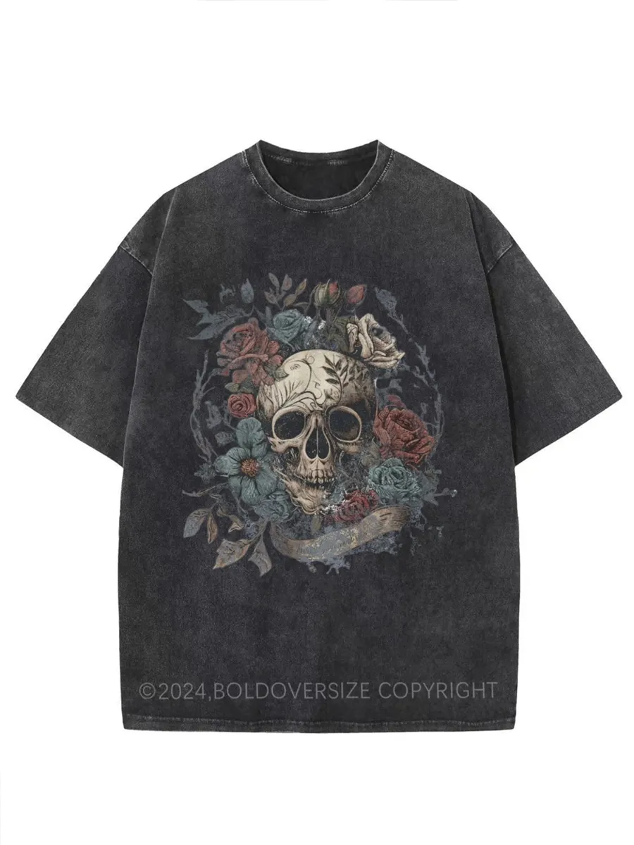 Vintage Rock N Roll Skull Roses Washed T-Shirt