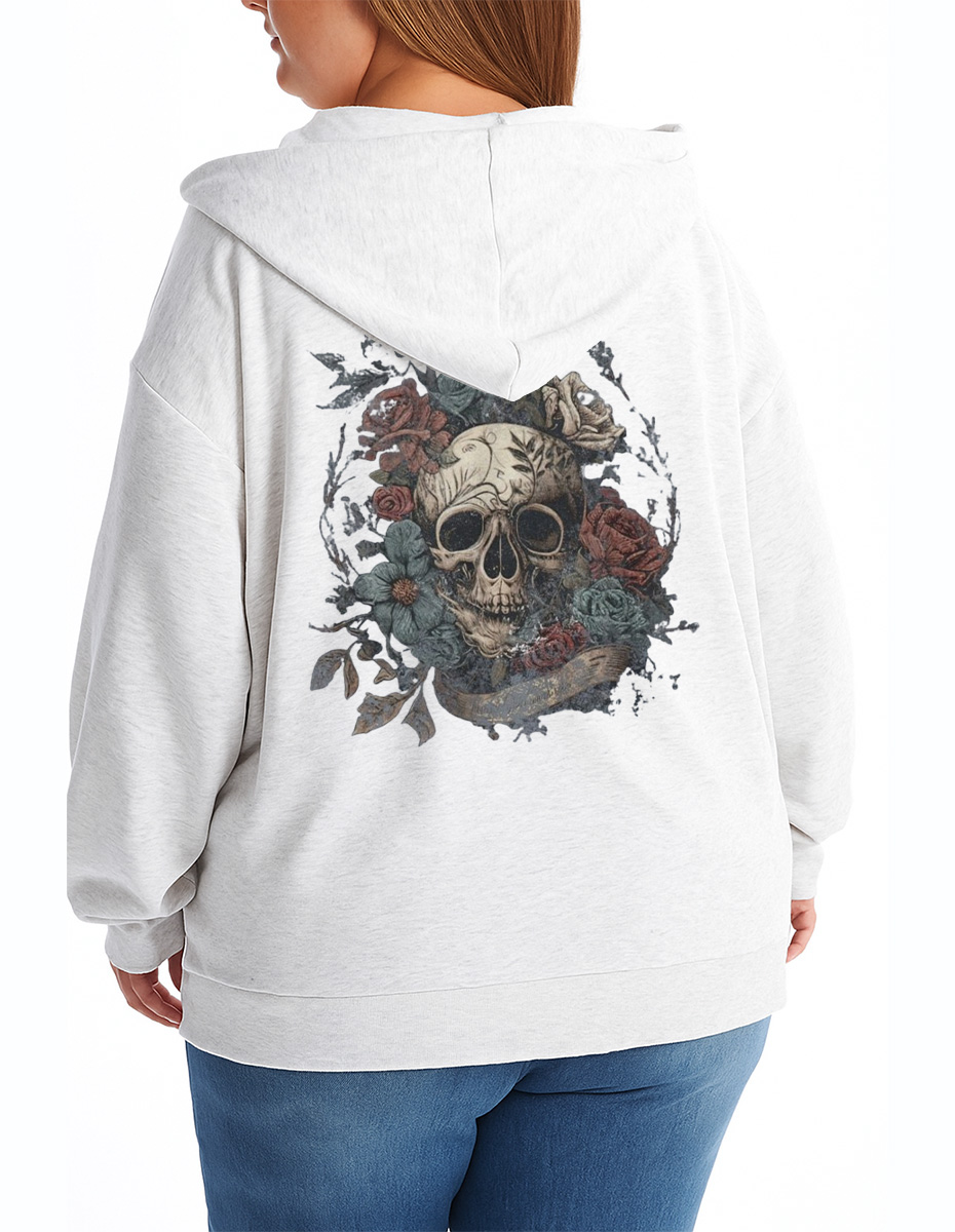 Vintage Rock N Roll Skull Roses Zip Hoodie