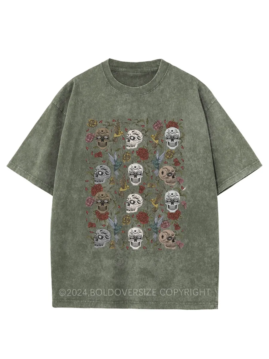 Vintage Gothic Skull Floral Washed T-Shirt