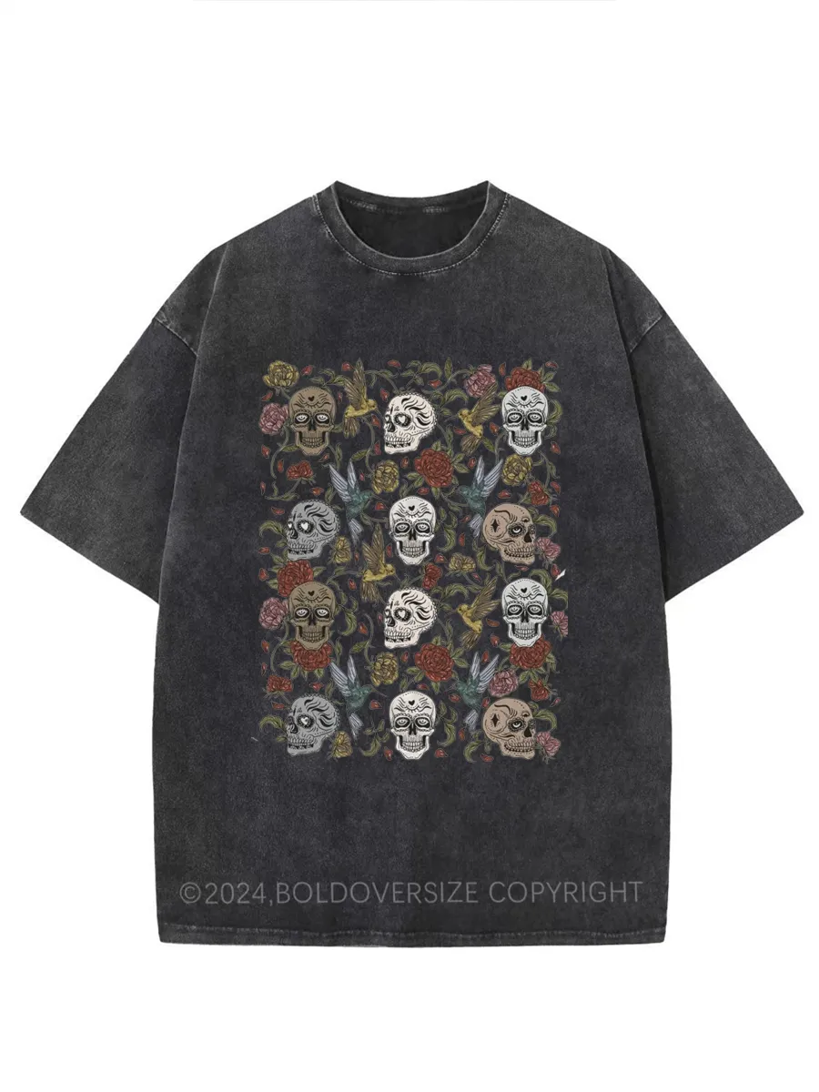 Vintage Gothic Skull Floral Washed T-Shirt