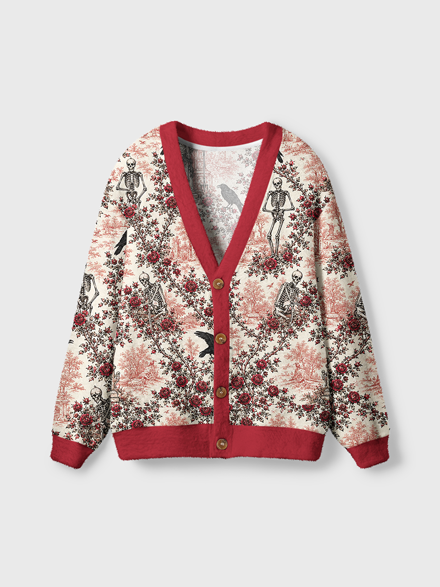Vintage Toile De Jouy Raven Skeleton Rose Manor Cardigan Sweaters